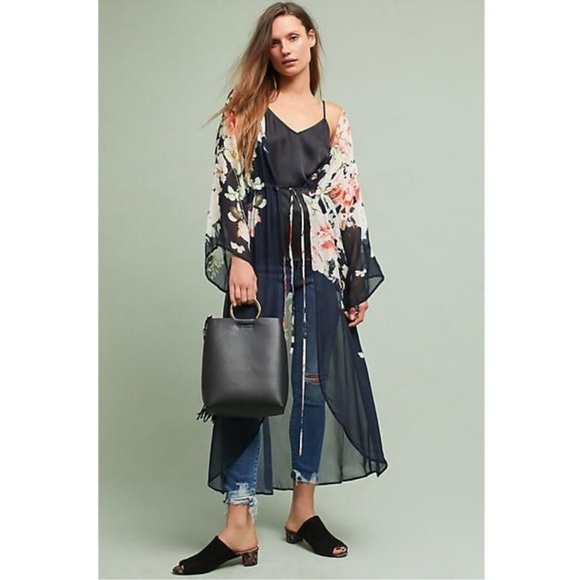 FLOREAT Anthropologie Rosie Sheer Black Long Kimono Topper Layer Cover Up Sz OS - Picture 1 of 14